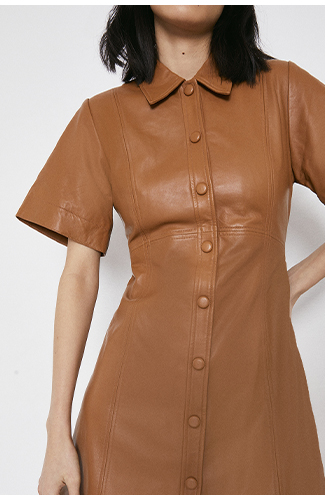 Short Sleeve Real Leather A-line Shirt Dress