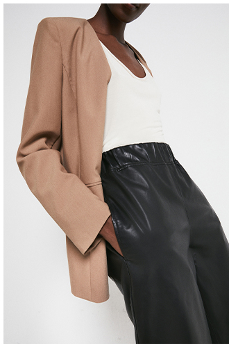 Real Leather Elastic Waist Wide Crop Trouser