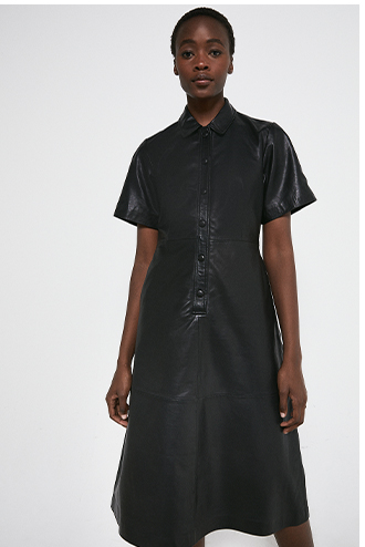 Real Leather A-line Midi Shirt Dress