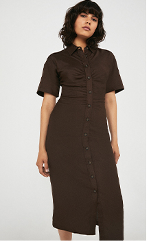 Linen Mix Ruched Front Midi Shirt Dress