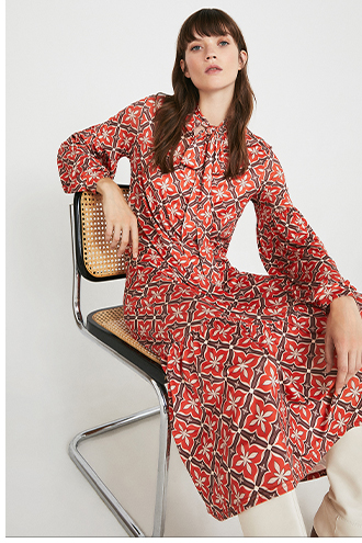 Printed Soft Jersey Pussy Bow Midi Dress
