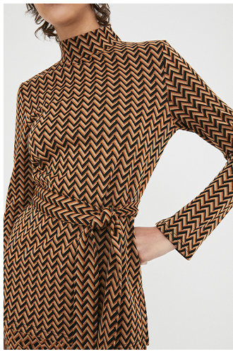 Jacquard Funnel Neck Tunic Belted Top