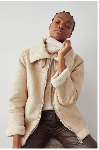 zip front faux leather bonded fur biker