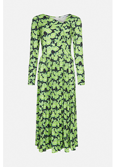 Printed Asymmetric Neck Pleated Midi Dress