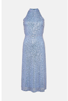 sequin halter drape back midi dress