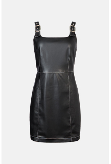 faux leather buckle shoulder shift dress