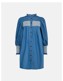 denim shirred embroidery detail mini dress