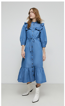 denim frill yoke drawstring waist midi dress