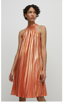 metallic lame pleated halter short dress