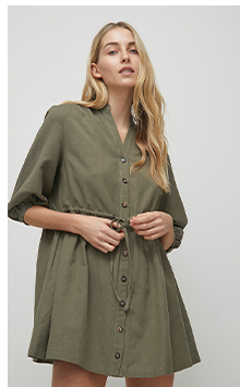 linen mix drawstring waist mini shirt dress