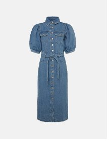 denim puff sleeve midi shirt dress