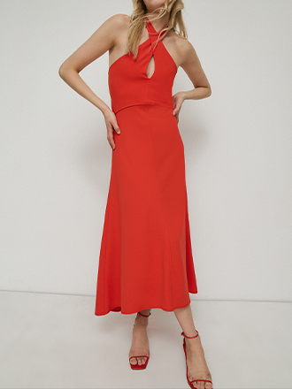 twist neck jersey crepe full skirt dress