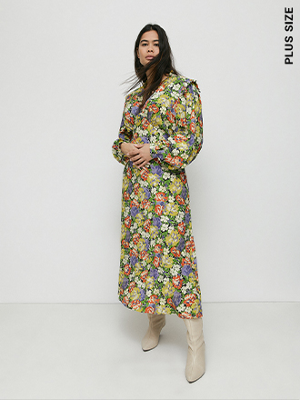 Plus Woven Tie Neck Floral Midi Tea Dress