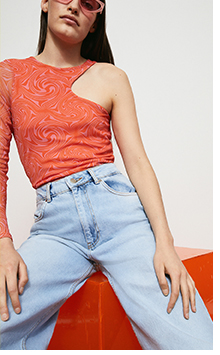 one shoulder recycled mesh printed top