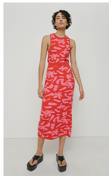 abstract floral jacquard knit midi skirt