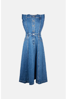 denim lipped shoulder denim midi dress