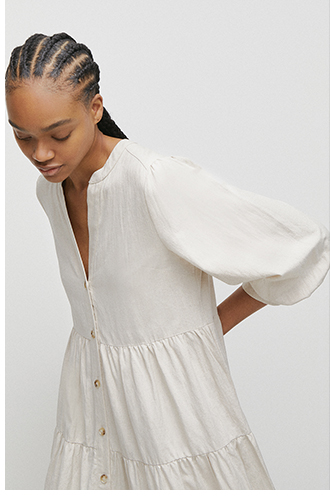 linen mix puff sleeve tiered midi dress