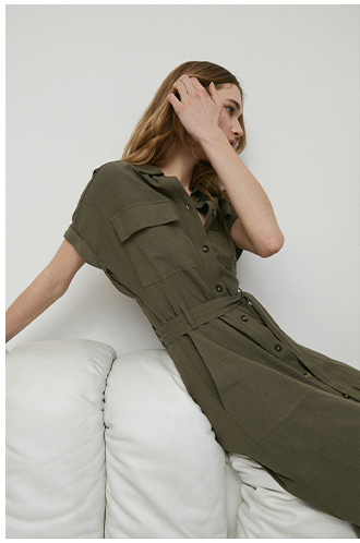 linen mix utility pocket midi shirt dress
