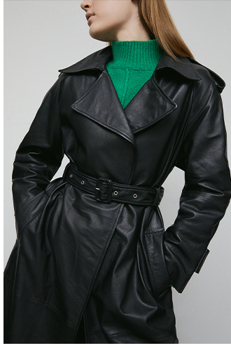 real leather long line trench coat 