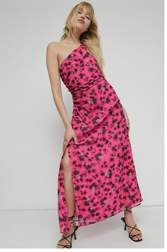 floral one shoulder pleated midi dress