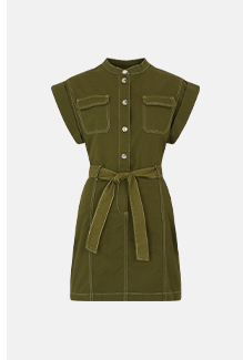 twill belted patch pocket mini dress