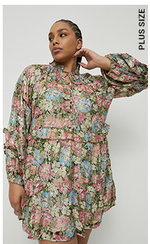 plus size sparkle tie neck frill mini dress in floral