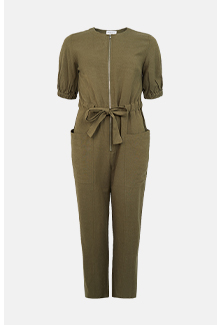 linen mix zip front puff sleeve boilersuit