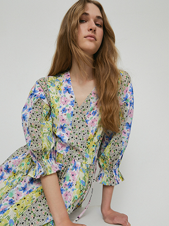 floral print mix cotton wrap midi dress