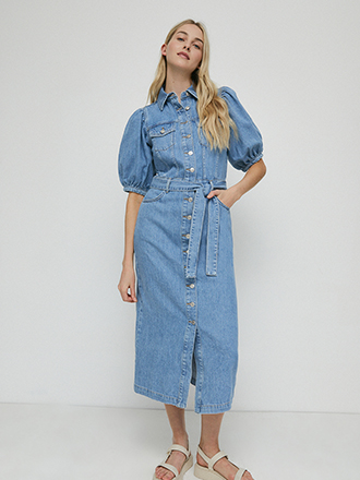 denim puff sleeve midi shirt dress
