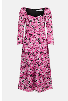 sweetheart neck ruched midi dress in floral