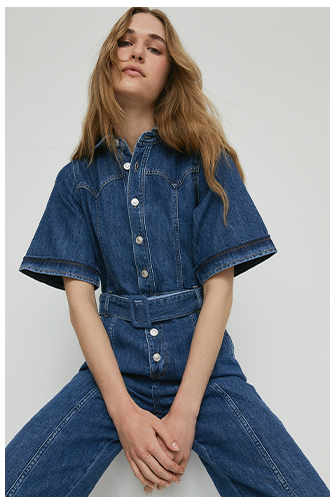 denim yoke detail belted wide leg jumpsuit