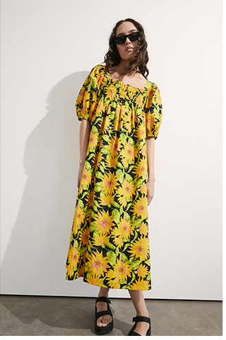 floral smocked square neck midi dress