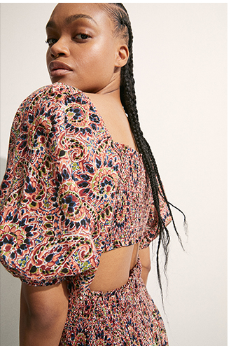 paisley square neck puff sleeve midi dress