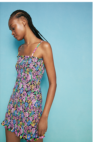 strappy shirred mini dress in floral