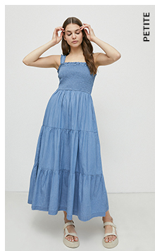 petite denim shirred bodice midi dress