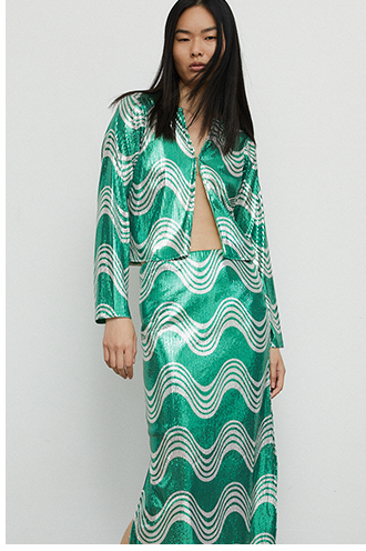 swirl printed sequin midi skirt