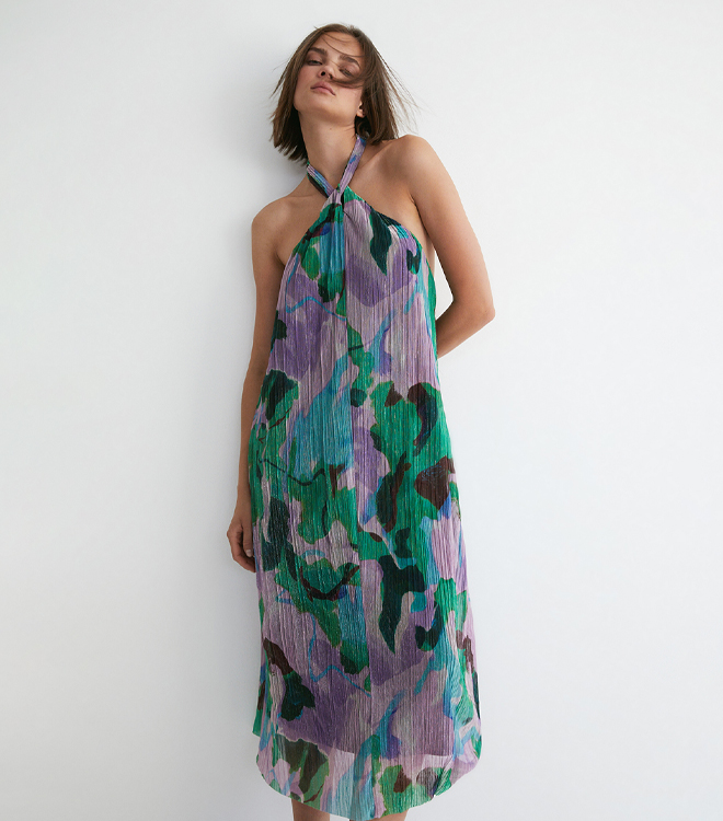 metallic plisse abstract twist neck midi dress