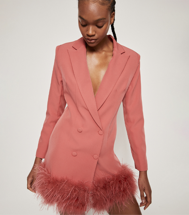 feather trim blazer dress