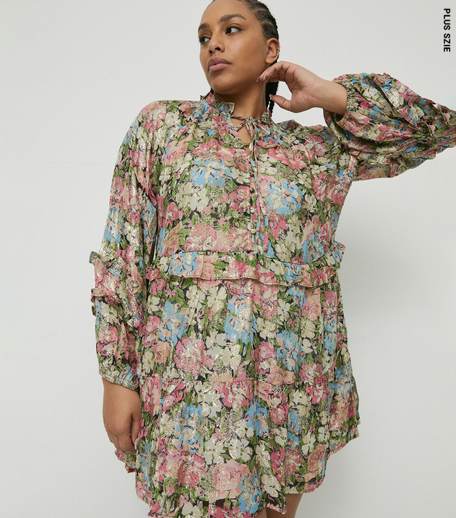 plus size sparkle tie neck frill mini dress in floral
