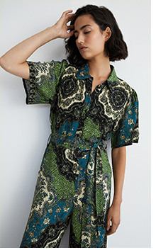 border print belted shirt jumpsuit