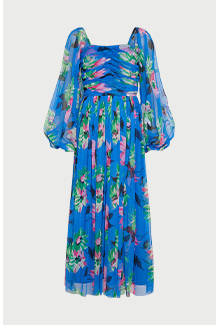 sequin floral tulle square neck midi dress
