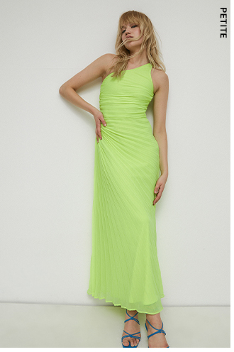 petite asymmetric neck pleated midi dress