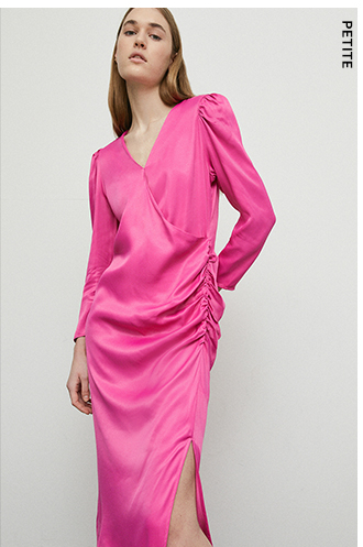 petite satin long sleeve wrap midi slip dress