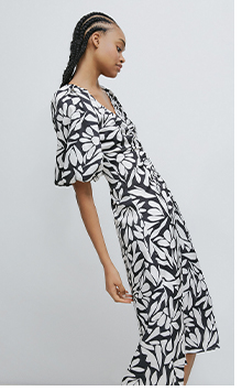 satin puff sleeve-ruched midi dress in floral