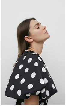 satin puff sleeve spot border print midi dress