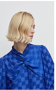twist neck check jacquard blouse