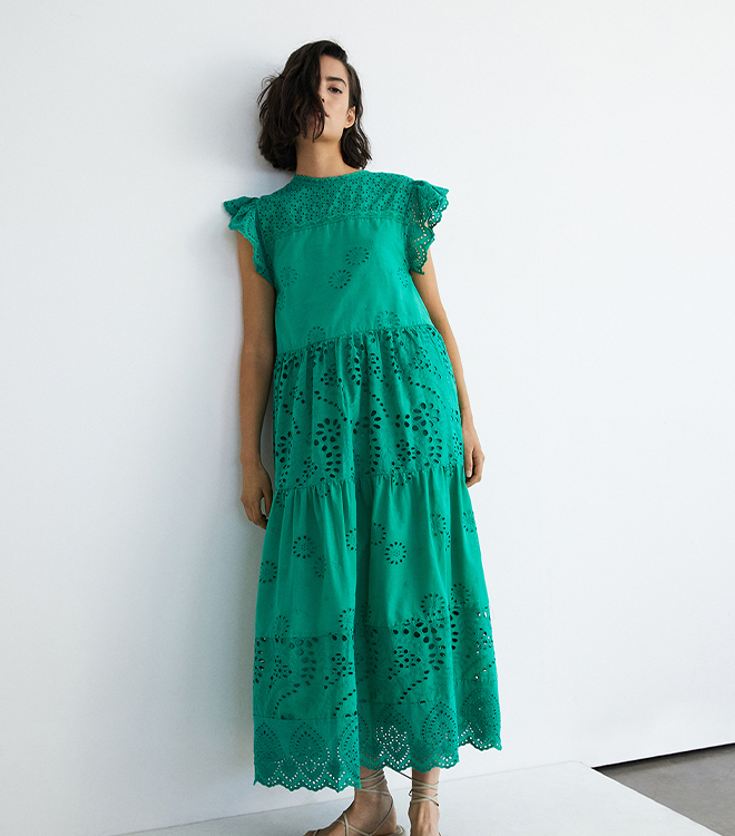 Broderie Mix Tiered Midi Dress