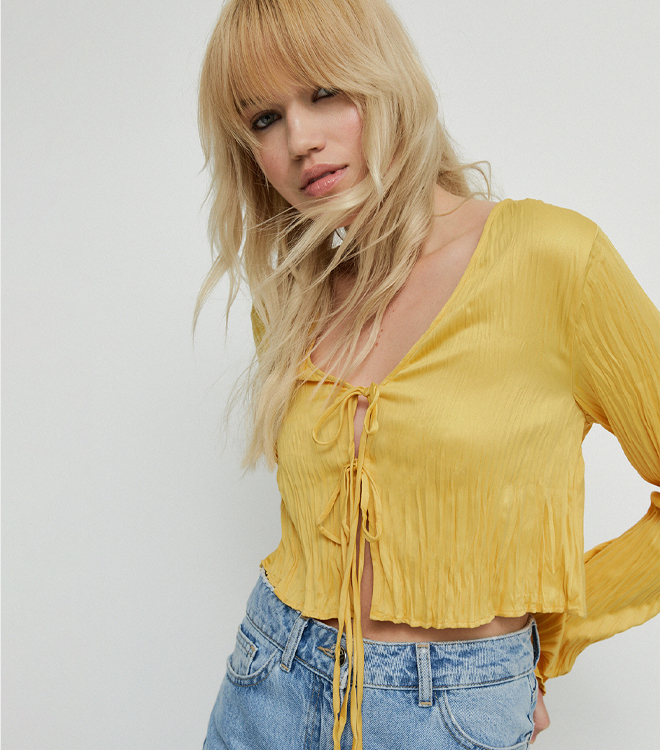 crinkled satin tie blouse coord