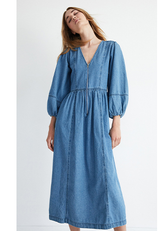 Denim Zip Front V-neck Midi Dress