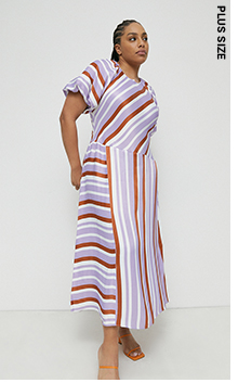Plus Size Satin Puff Sleeve Stripe Midi Dress